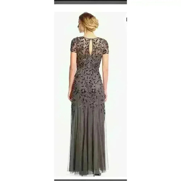 Adrianna Papell Floral Embroidered Beaded Godet Gown Dress, Lead Gray, Size 2P - Picture 2 of 9